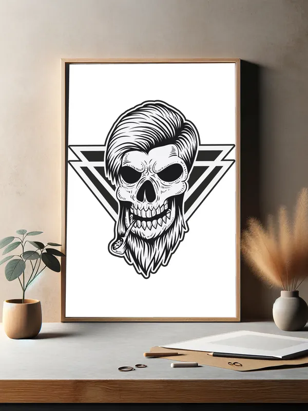 Постер «Череп с курительной трубкой» над диваном в гостиной