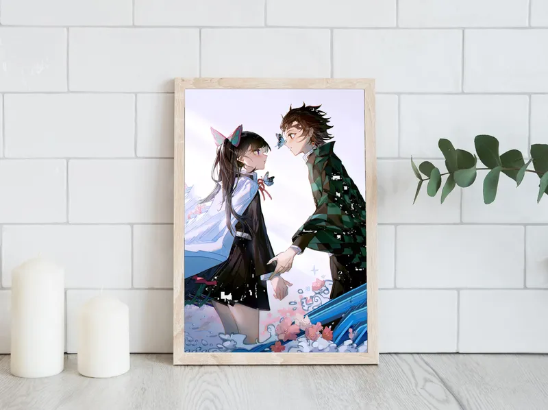 Постер «Клинок, рассекающий демонов. Канао и Танджиро» над диваном в гостиной