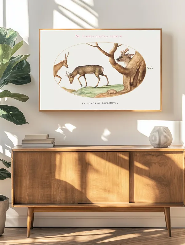 Постер «Три вида оленей» над диваном в гостиной