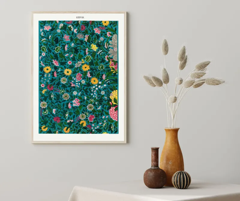 Постер «Китайский Орнамент - Оттенки Зеленого» над диваном в гостиной