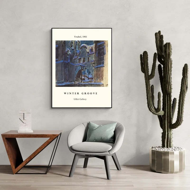 Постер «Михаил Врубель - Зимняя канавка» над диваном в гостиной