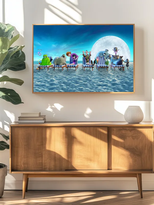 Постер «Монстры на каникулах» над диваном в гостиной