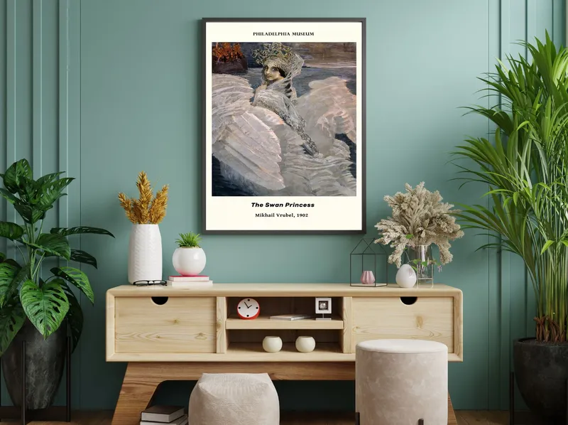 Постер «Михаил Врубель - Царевна-Лебедь» над диваном в гостиной