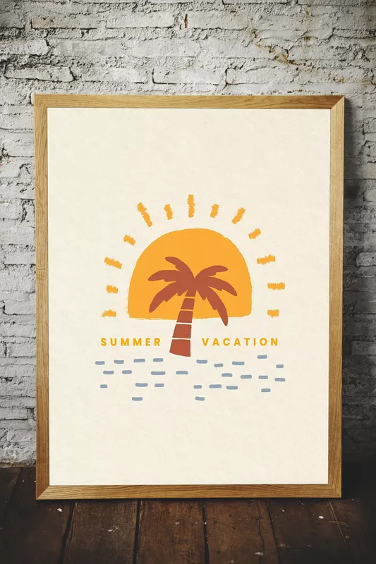 Постер «Лето - Пальма на закате» над диваном в гостиной