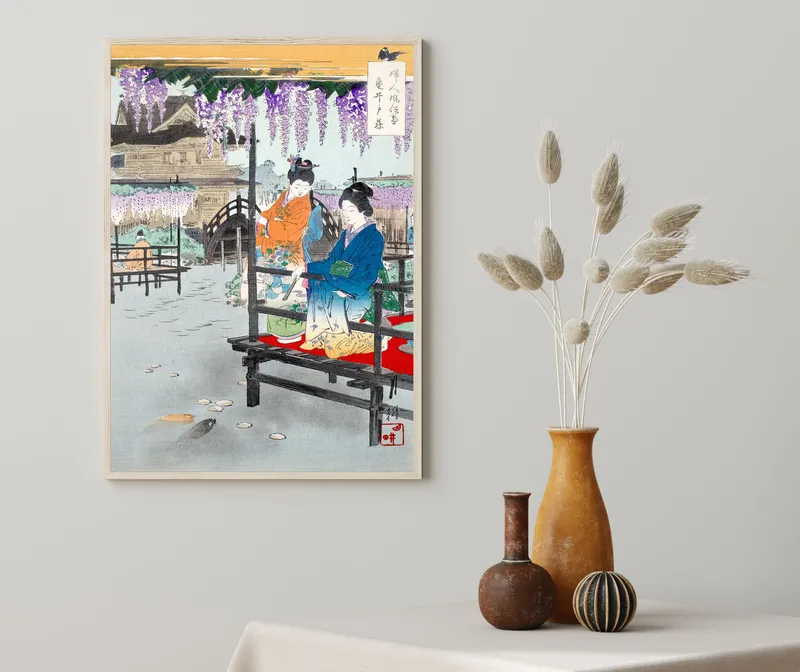 Постер «Японские девушки на веранде» на стене в офисе