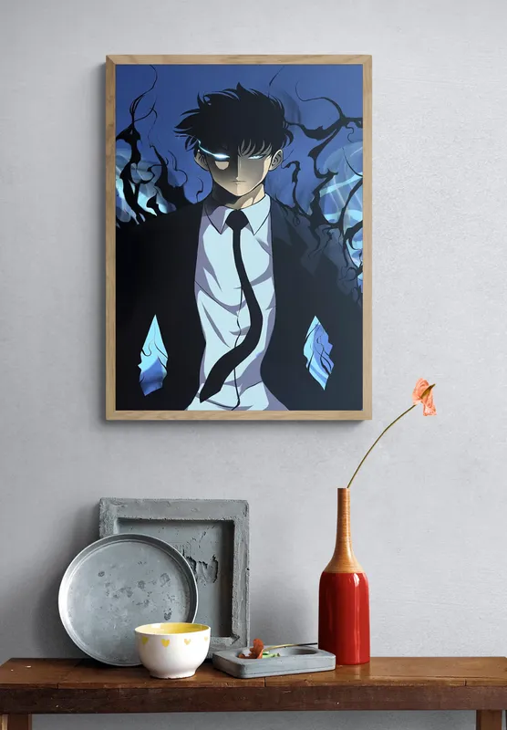 Постер «Поднятие уровня в одиночку. Джин Ву» на стене в офисе