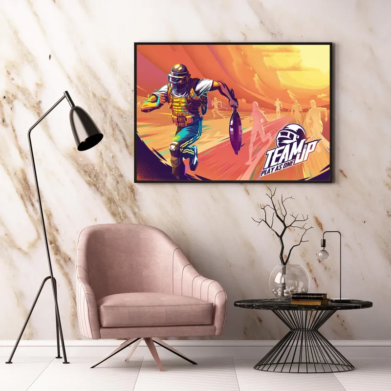 Постер «PUBG. Бег со сковородкой» на стене в офисе