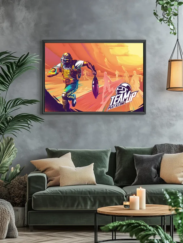 Постер «PUBG. Бег со сковородкой» над диваном в гостиной