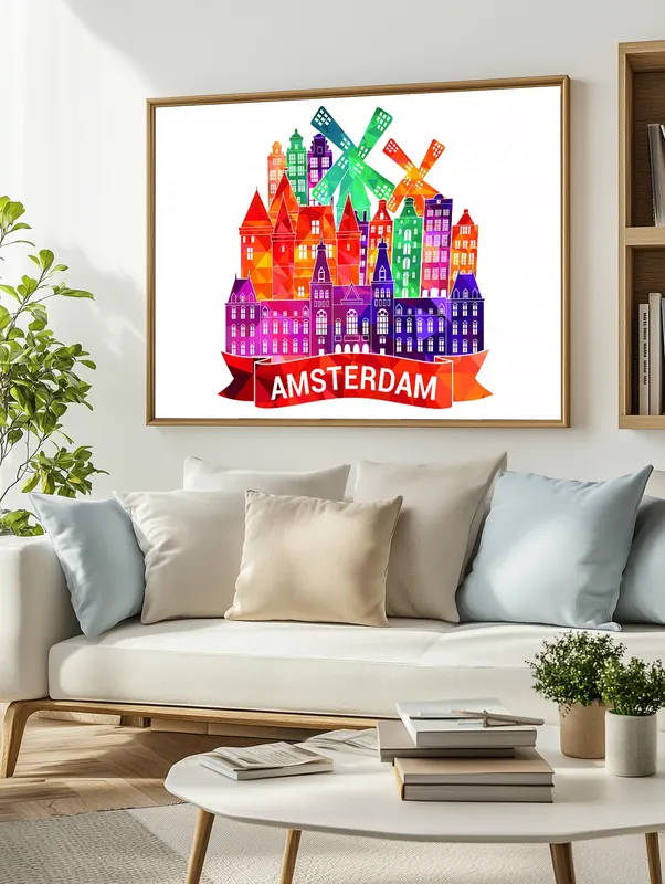 Постер «Разноцветный Амстердам» над диваном в гостиной