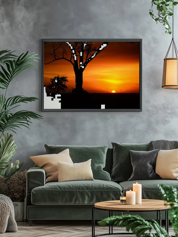 Постер «Заход солнца» над диваном в гостиной