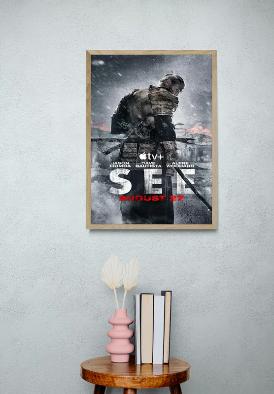 Постер «Видеть» над диваном в гостиной