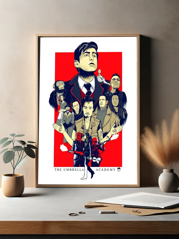 Постер «Академия Амбрелла. Персонажи» на стене в офисе