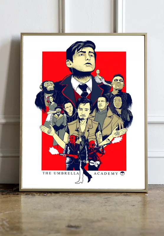Постер «Академия Амбрелла. Персонажи» над диваном в гостиной