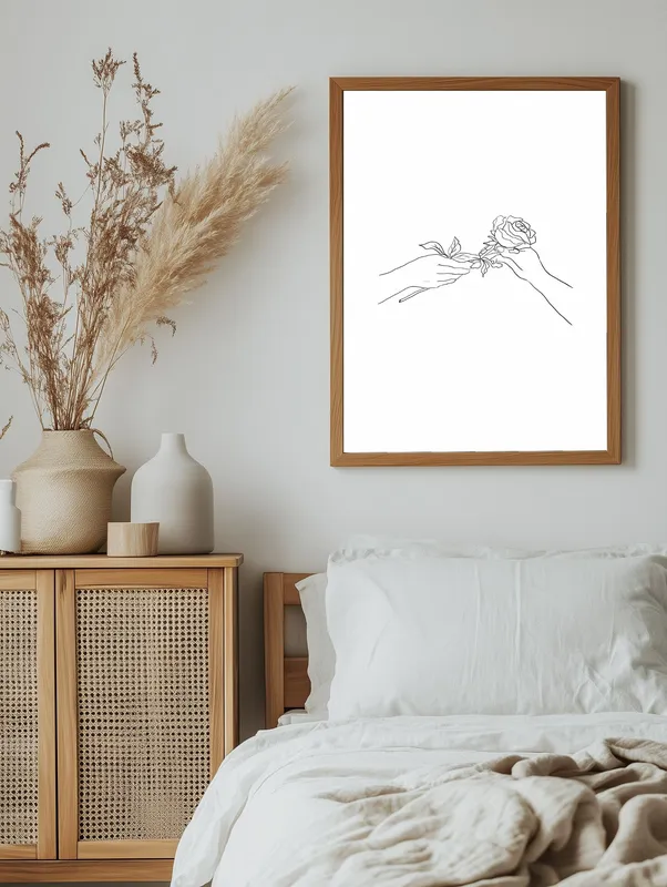 Постер «Силуэт рук с розой» на стене в офисе