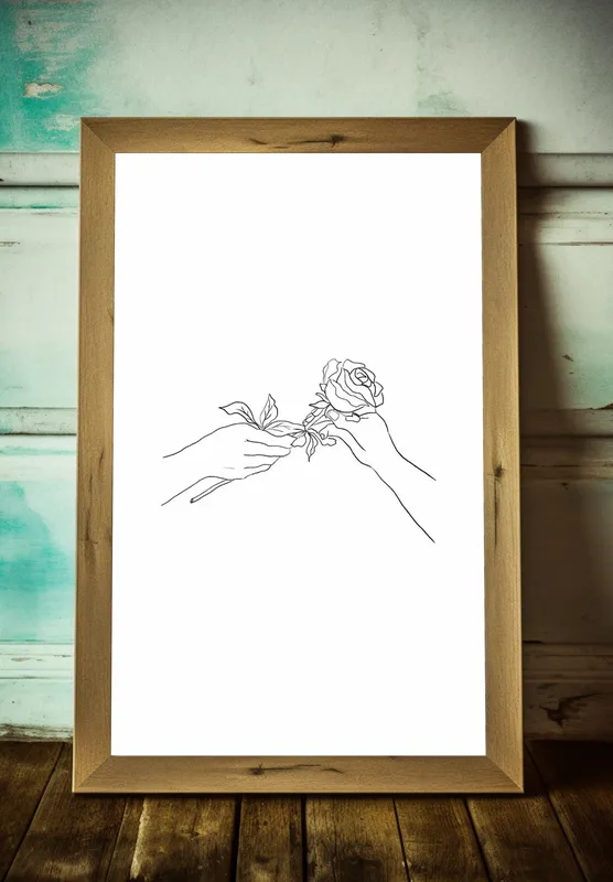 Постер «Силуэт рук с розой» над диваном в гостиной