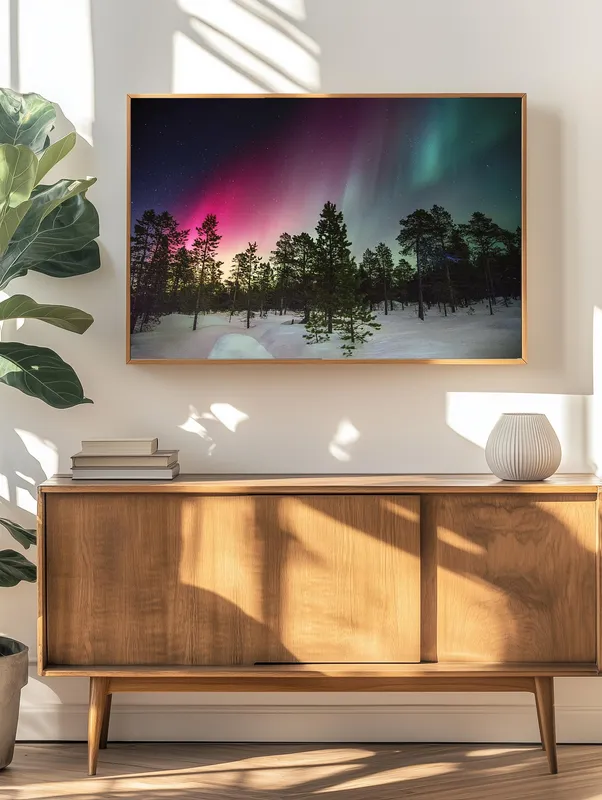 Постер «Северное сияние над лесом» на стене в офисе