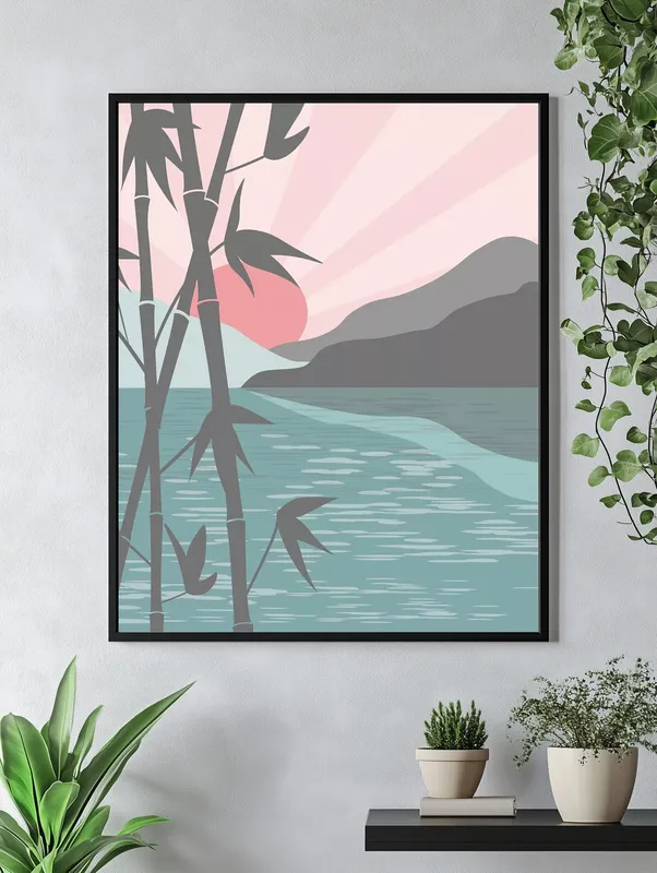 Постер «Закат в Тропиках» над диваном в гостиной