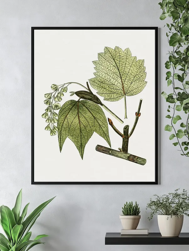 Постер «Листья - Полосатый кленовый лист» над диваном в гостиной