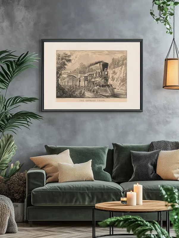 Постер «Винтажный поезд Экспресс» над диваном в гостиной