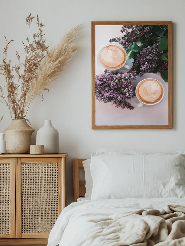 Постер «Капучино и веточки сирени» на стене в офисе