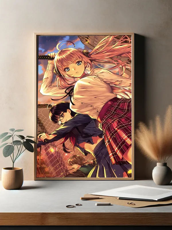 Постер «Школьницы с оружием» на стене в офисе