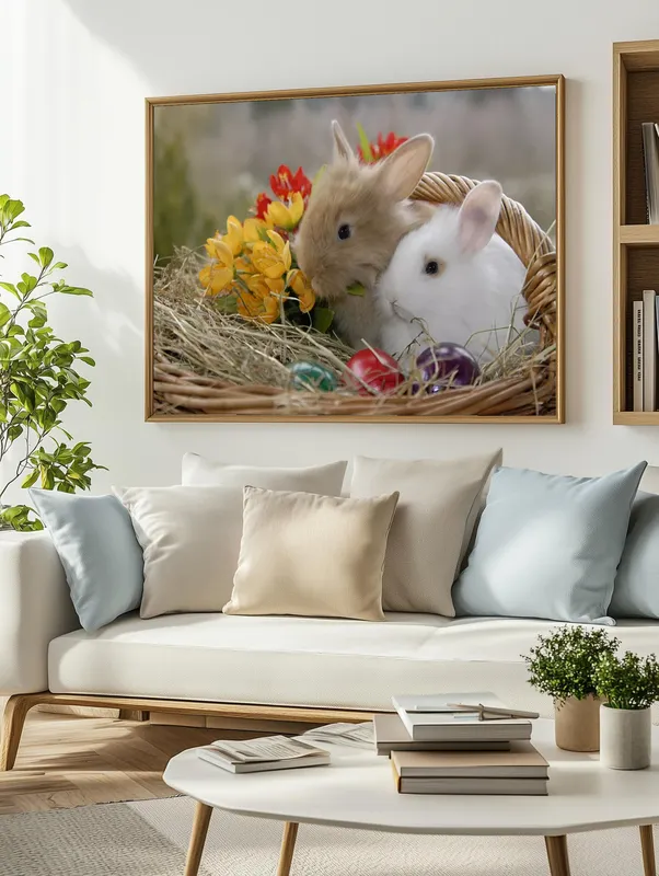Постер «Милые кролики с пасхальными яйцами» над диваном в гостиной