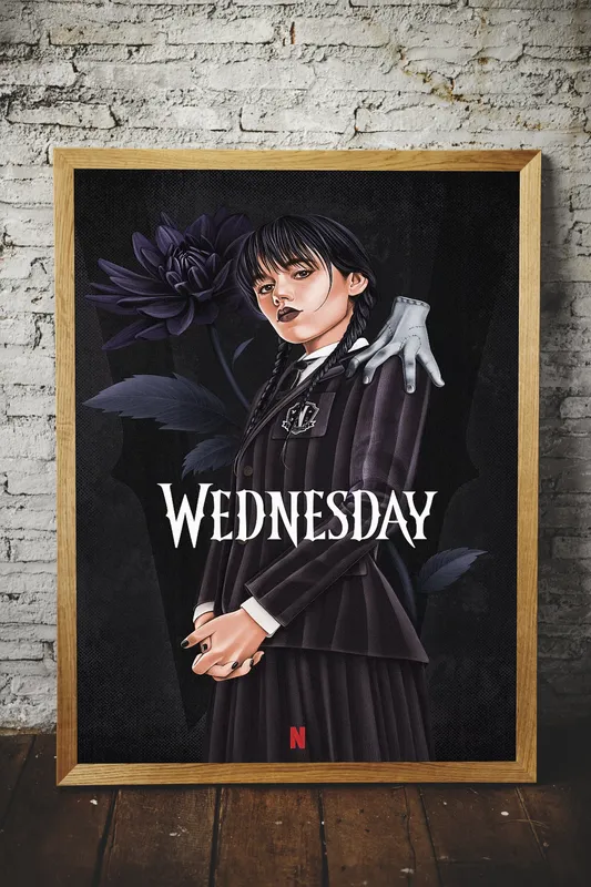 Постер «Wednesday с вещью на плече» на стене в офисе