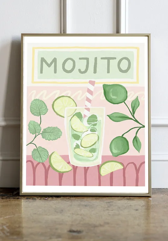 Постер «Летний коктейль - мохито» над диваном в гостиной