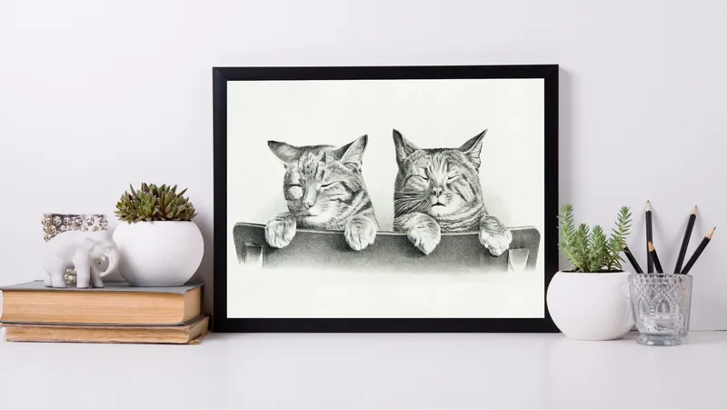 Постер «Сонные котики» над диваном в гостиной