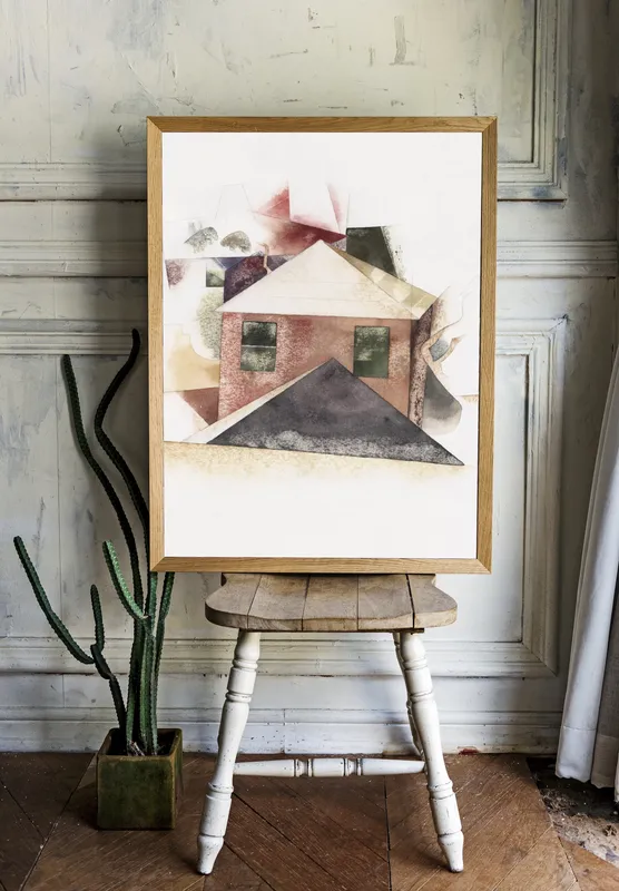 Постер «Геометрия - Маленький фигурный городок» над диваном в гостиной