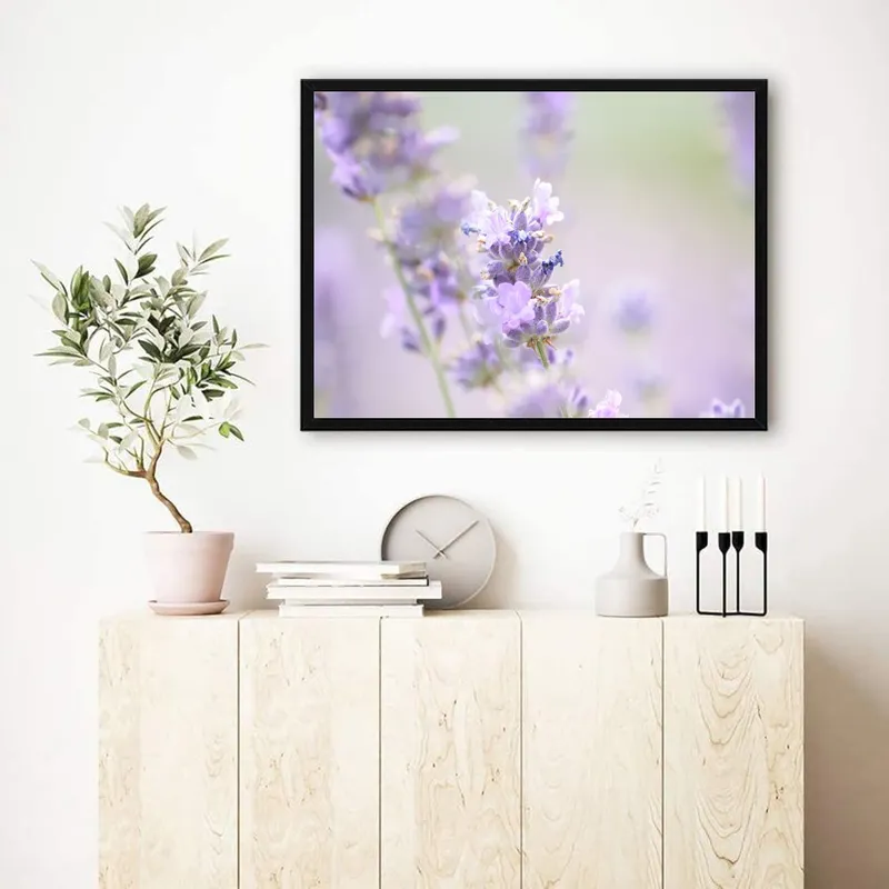 Постер «Полевые цветы лаванда» над диваном в гостиной