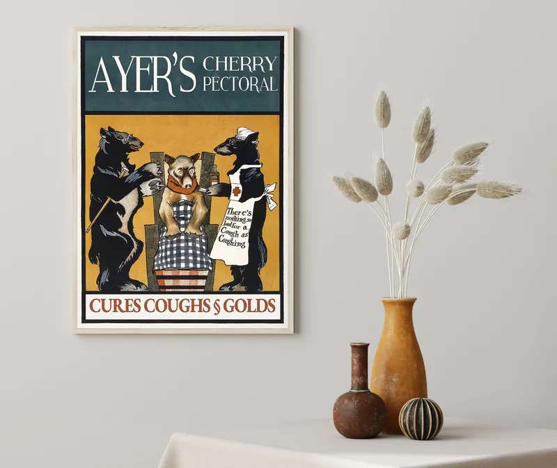 Постер «Винтажный плакат Айера» над диваном в гостиной