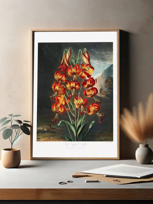 Постер «Великолепная лилия» над диваном в гостиной