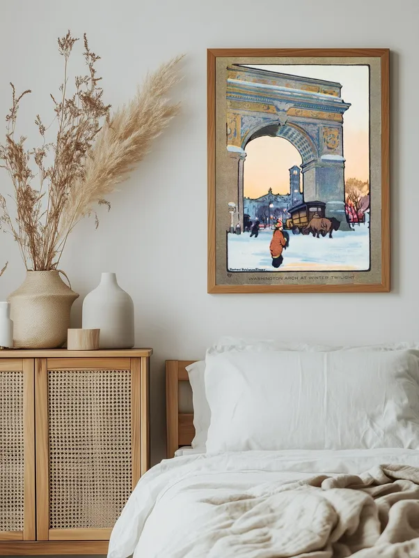 Постер «Арка Вашингтона в Нью-Йорке в Cумерках» над диваном в гостиной