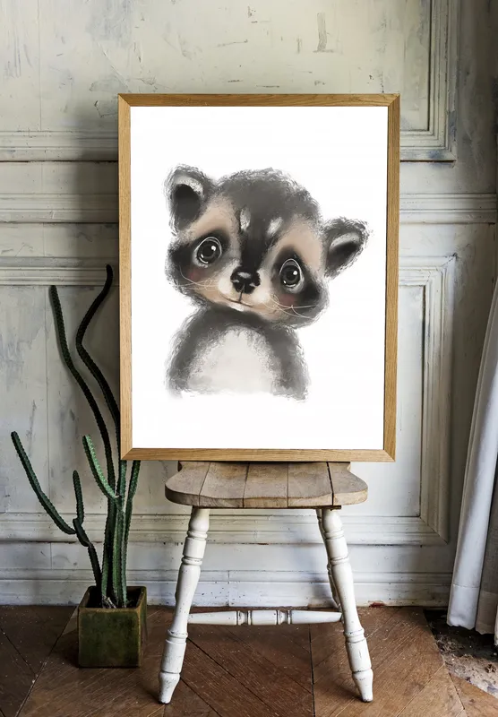 Постер «Постер Енот» над диваном в гостиной