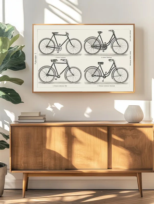 Постер «Постер Велосипеды» над диваном в гостиной
