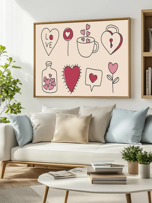 Постер «Варианты сердец» над диваном в гостиной