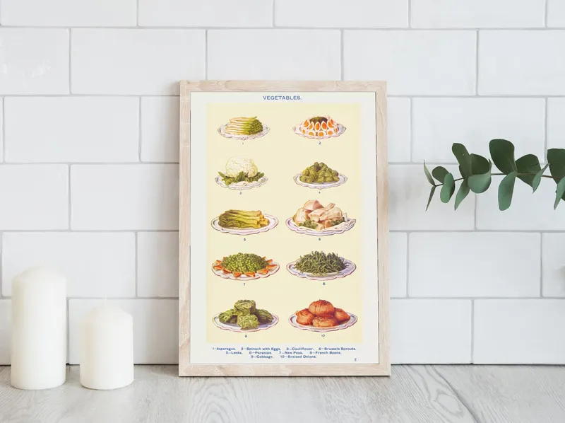 Постер «Еда - Вегетарианские блюда» над диваном в гостиной