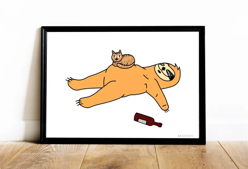 Постер «Brilevsky - Лежа с котом» на стене в офисе