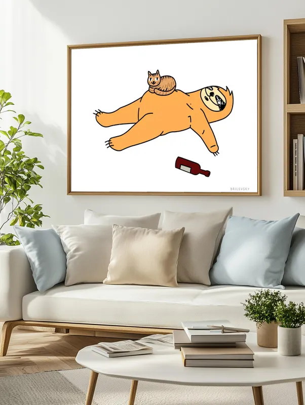 Постер «Brilevsky - Лежа с котом» над диваном в гостиной