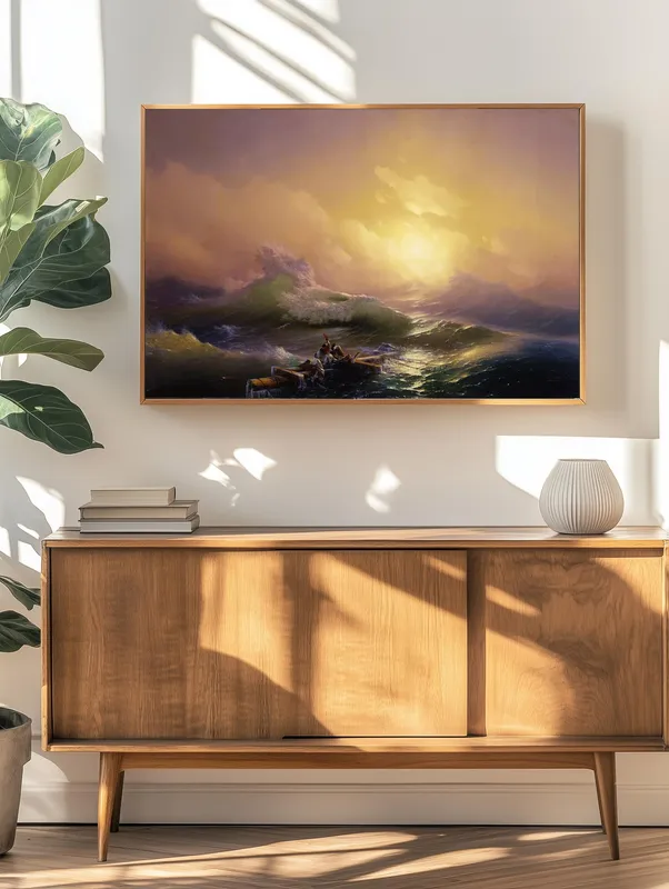 Постер «Девятый вал» над диваном в гостиной