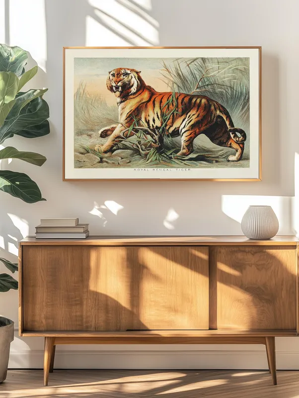 Постер «Бенгальский тигр» над диваном в гостиной