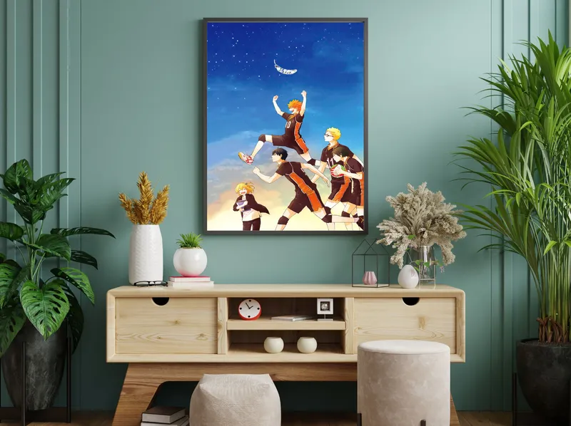 Постер «Аниме Волейбол. Хината и команда» на стене в офисе