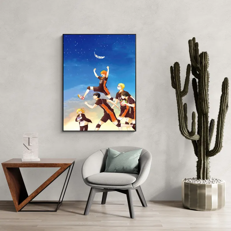 Постер «Аниме Волейбол. Хината и команда» над диваном в гостиной