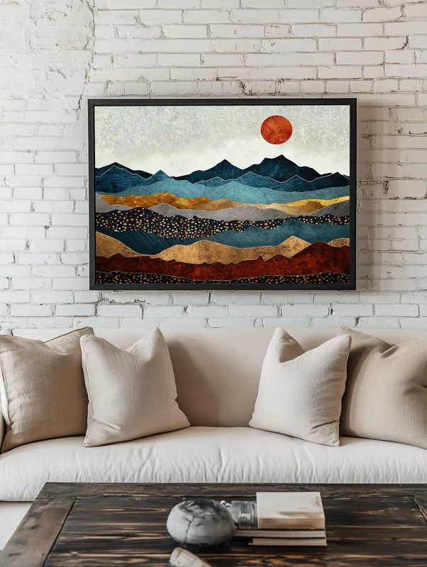 Постер «Цветные волны» над диваном в гостиной