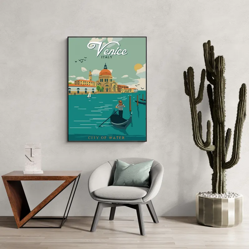 Постер «Лодки - Гондола символ Венеции» над диваном в гостиной