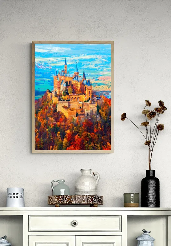 Постер «Замок Нойшванштайн» над диваном в гостиной