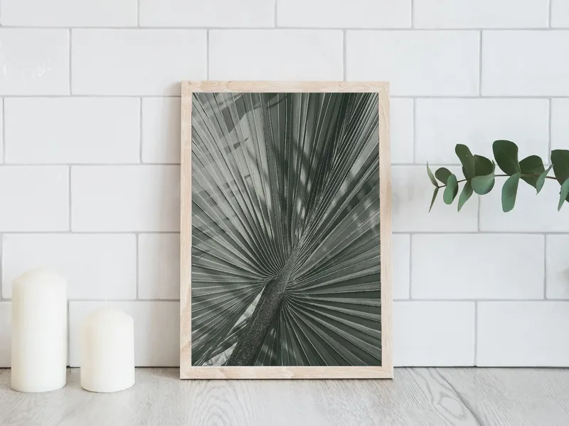 Постер «Пальмовый лист» над диваном в гостиной