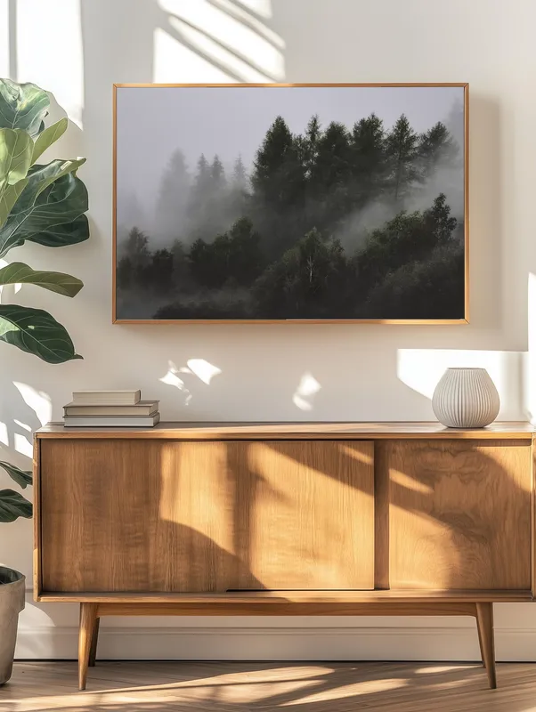 Постер «Туман над хвойным лесом» на стене в офисе