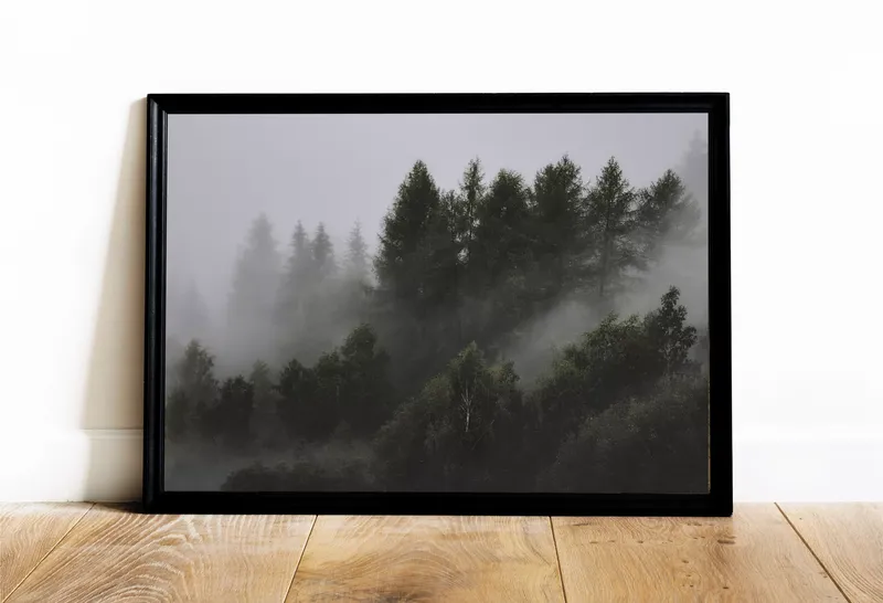 Постер «Туман над хвойным лесом» над диваном в гостиной